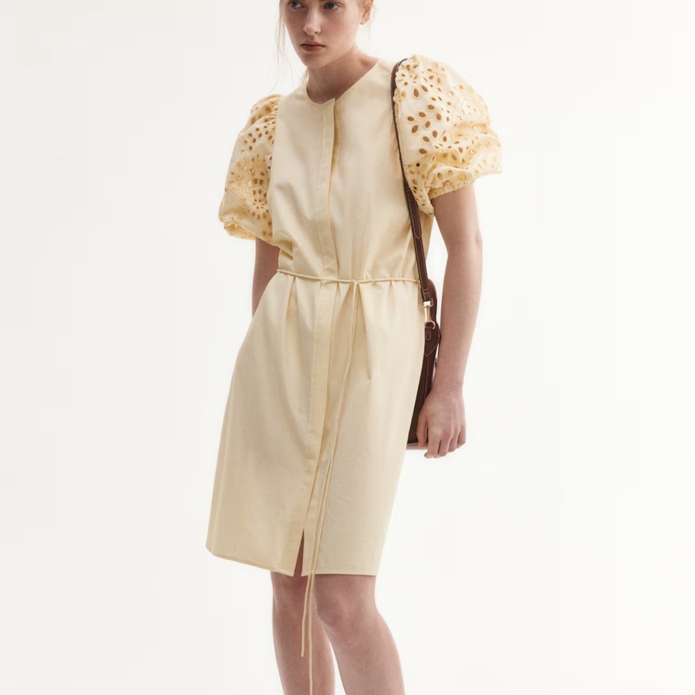 H&M NEW Summer Yellow Elegant Eyelet Dress Size L Embroidered Sleeves - Picture 9 of 9